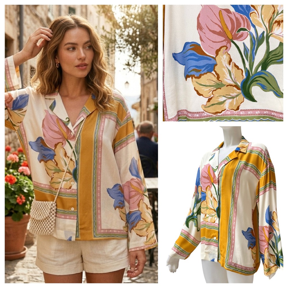 Sabo Australia Abstract Floral Button Up Blouse S Artsy Lagenlook Oversized NWT